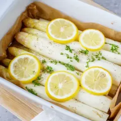 Frischer weißer Spargel, bereit zum Spargel kochen, garniert mit Zitronenscheiben und Petersilie in einer Auflaufform.