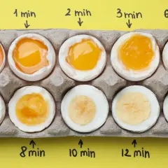 Gekochte Eier in einem Karton zeigen verschiedene Garstufen, von flüssigem Eigelb bis fest. Die Zeiten reichen von 0 bis 15 Minuten. Hier platzen Eier beim Kochen nicht, sondern werden perfekt gegart.