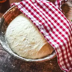 Frischer Teig für ein Pizzateig Rezept ruht in einer Schüssel, bedeckt mit einem rot-weiß karierten Tuch. Tomaten und Olivenöl liegen bereit.