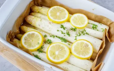 Frischer weißer Spargel, bereit zum Spargel kochen, garniert mit Zitronenscheiben und Petersilie in einer Auflaufform.