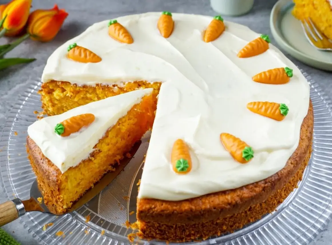 Saftiger Karottenkuchen mit cremiger Glasur und kleinen Marzipan-Karotten. Ein Stück ist bereits angeschnitten.
