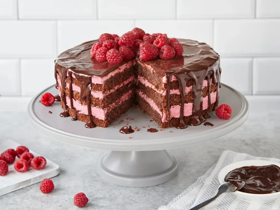Himbeertorte mit Schokoboden, üppig mit Schokolade überzogen und mit frischen Himbeeren garniert. Ein köstlicher Anblick!