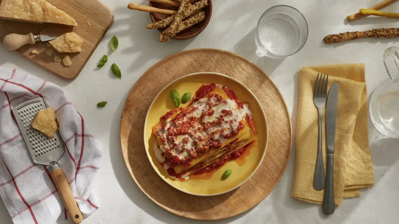 Ein k&ouml;stliches Lasagne-Rezept mit viel K&auml;se und Tomatensauce, bereit zum Genie&szlig;en. Dazu gibt es Grissini und frisches Basilikum.