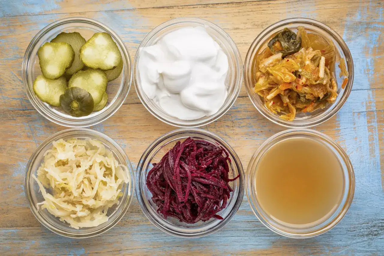 Sechs Schalen mit fermentierten Lebensmitteln: Gurkenscheiben, Joghurt, Kimchi, Sauerkraut, Rote Bete und eine Fl&uuml;ssigkeit.