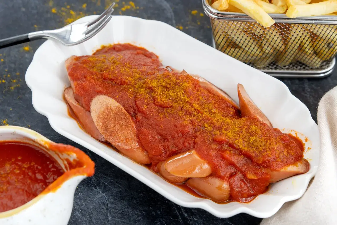 Wurst mit klassischer Currysauce und Pommes. Ein einfaches, aber k&ouml;stliches Rezept f&uuml;r zu Hause.
