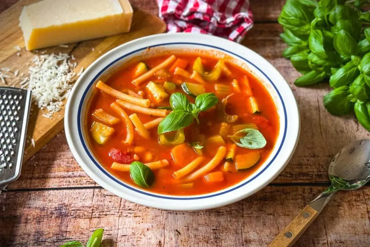 Herzhaftes Minestrone Rezept mit viel Gem&uuml;se und Pasta, garniert mit frischem Basilikum. Dazu ein St&uuml;ck Parmesan und eine Reibe.
