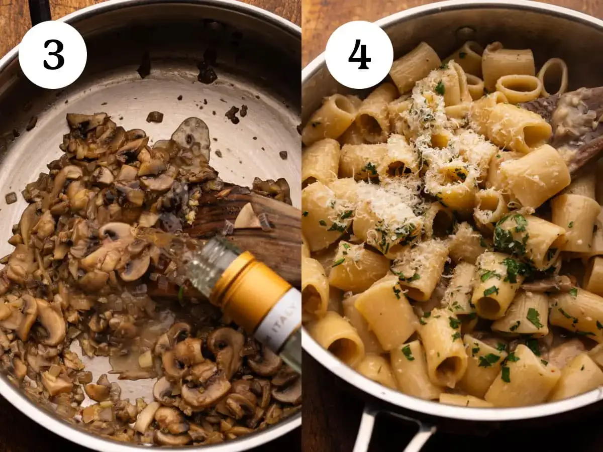 Schritt 3: Pilze werden in einer Pfanne mit Wein abgel&ouml;scht. Schritt 4: Fertige Pasta mit Champignons, italienisch, bestreut mit Parmesan.