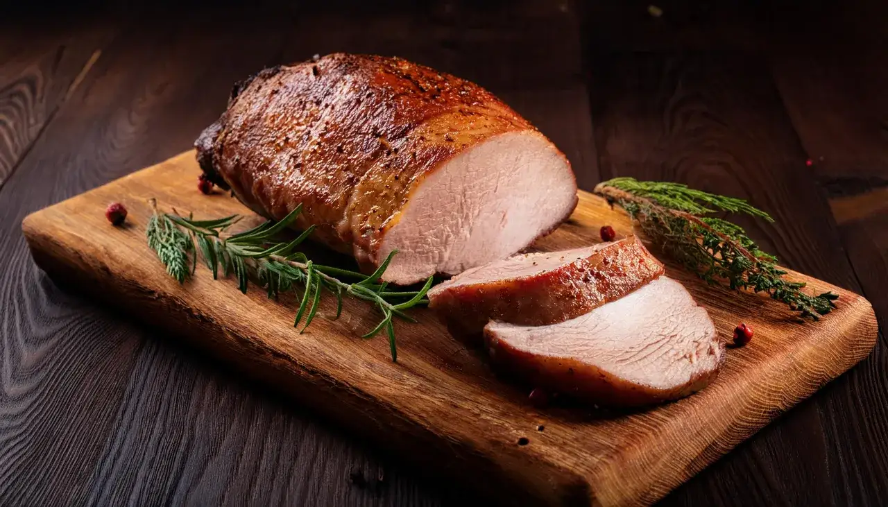 Saftiges schweinefilet braten, goldbraun und perfekt gegart, auf einem Holzbrett mit Rosmarin und Beeren garniert.