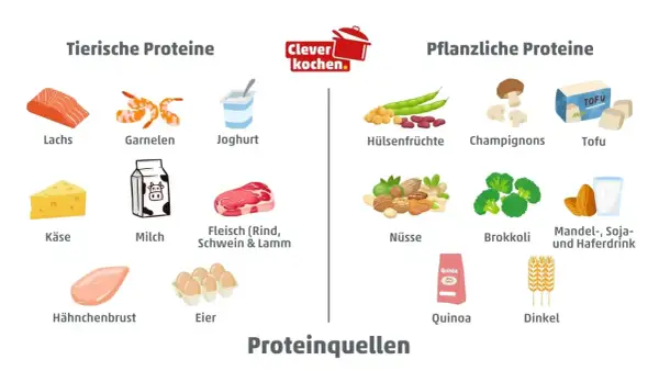 Lebensmittel mit viel Protein und wenig Kalorien: Lachs, Garnelen, Joghurt, Hülsenfrüchte, Tofu, Hähnchenbrust, Eier, Nüsse, Brokkoli, Mandeln, Soja- und Haferdrink.